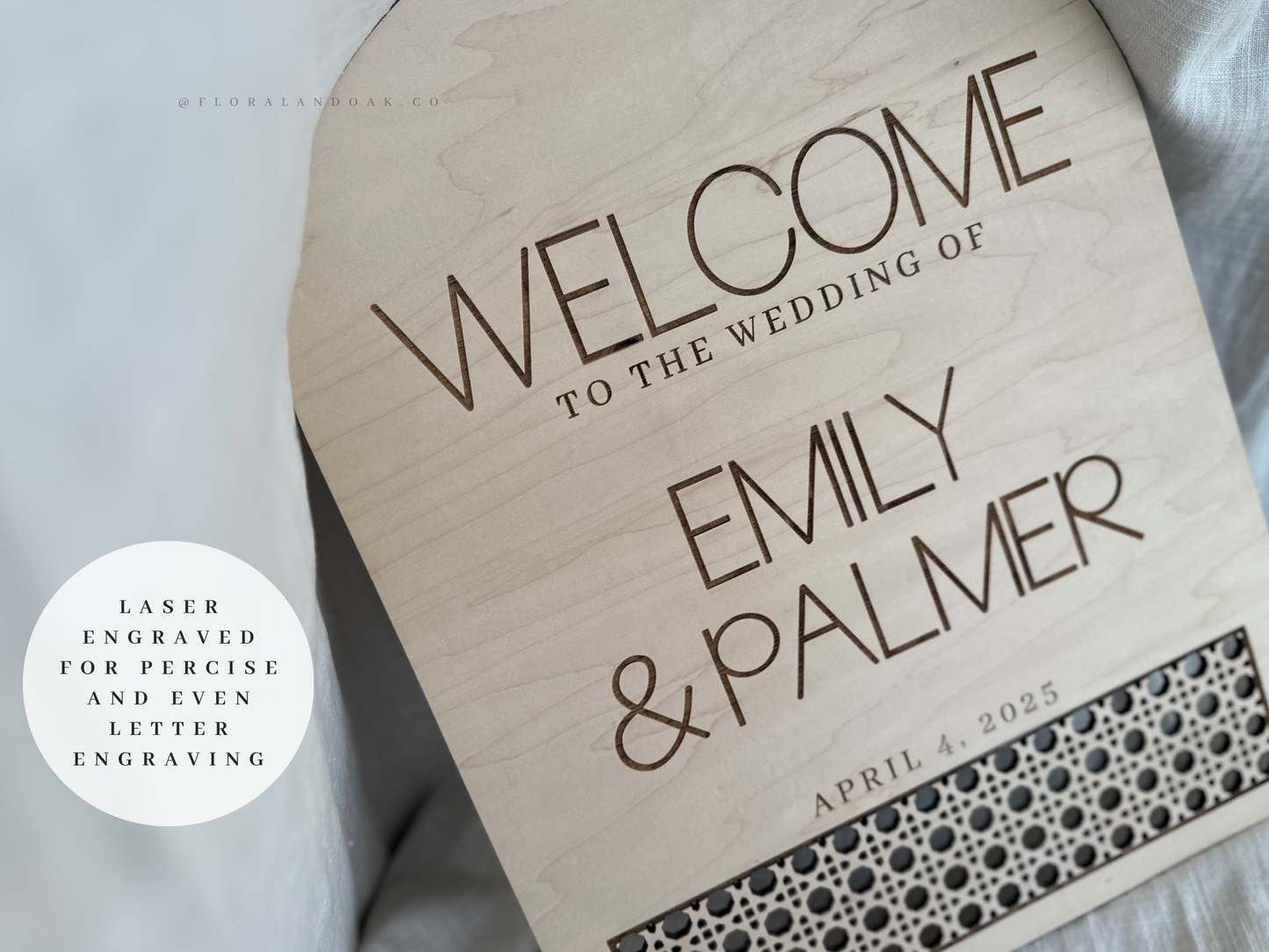 Minimalist Rattan Strip Wedding Welcome Sign – Wooden Neutral Custom Rattan Cane Wood Sign for Ceremony or Event