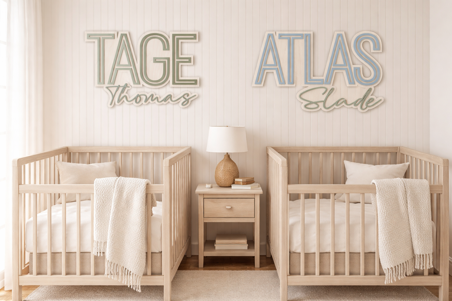 Personalized Wooden Nursery Name Sign – Large Custom Baby Name Wall Decor | Layered & Outlined Kids Room Name Sign