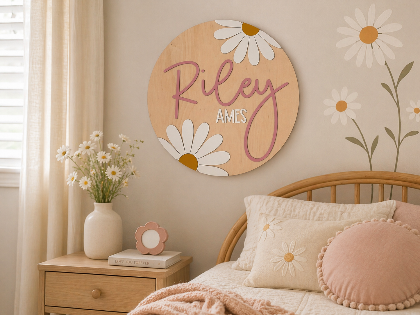 Daisy Nursery Name Sign Daisy Wall Sign Retro Floral Nursery Decor Circle Layered Boho Name Sign