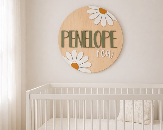 Daisy Nursery Name Sign Daisy Wall Sign Retro Floral Nursery Decor Circle Layered Boho Name Sign