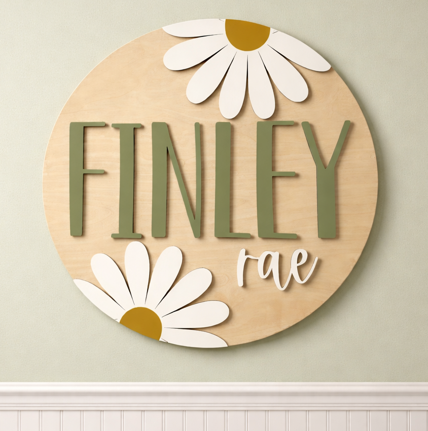 Daisy Nursery Name Sign Daisy Wall Sign Retro Floral Nursery Decor Circle Layered Boho Name Sign
