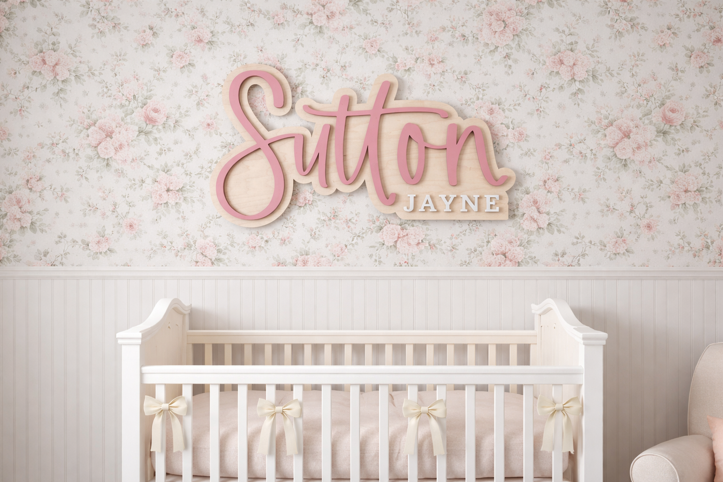 Personalized Wooden Nursery Name Sign – Large Custom Baby Name Wall Decor | Layered & Outlined Kids Room Name Sign
