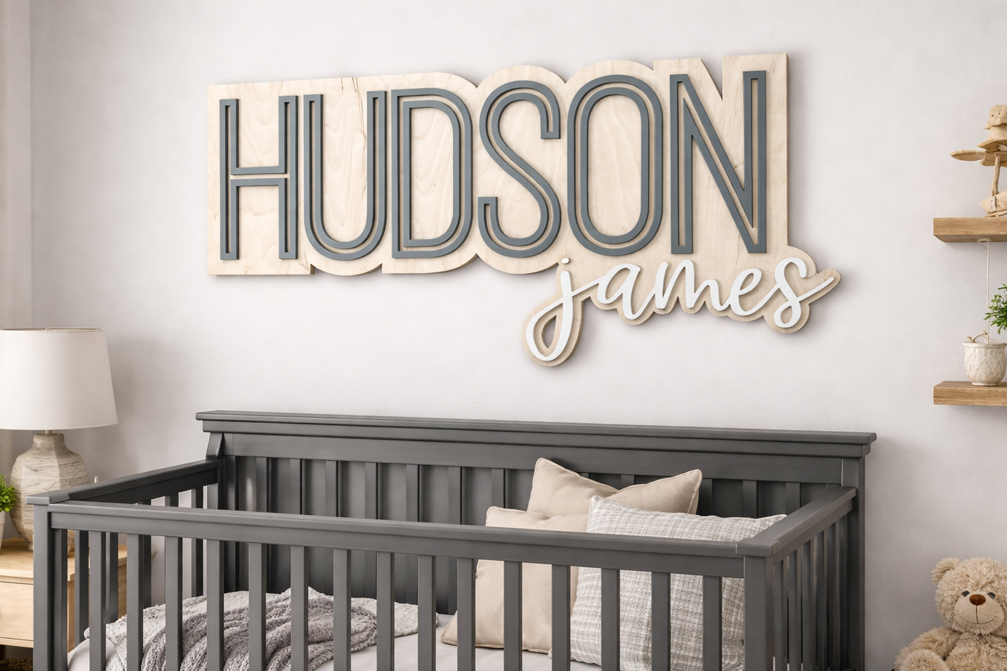 Personalized Wooden Nursery Name Sign – Large Custom Baby Name Wall Decor | Layered & Outlined Kids Room Name Sign