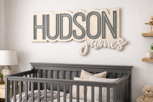 Personalized Wooden Nursery Name Sign – Large Custom Baby Name Wall Decor | Layered & Outlined Kids Room Name Sign