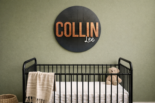 Round Modern Nursery Name Sign Black with Wood Grain Letters