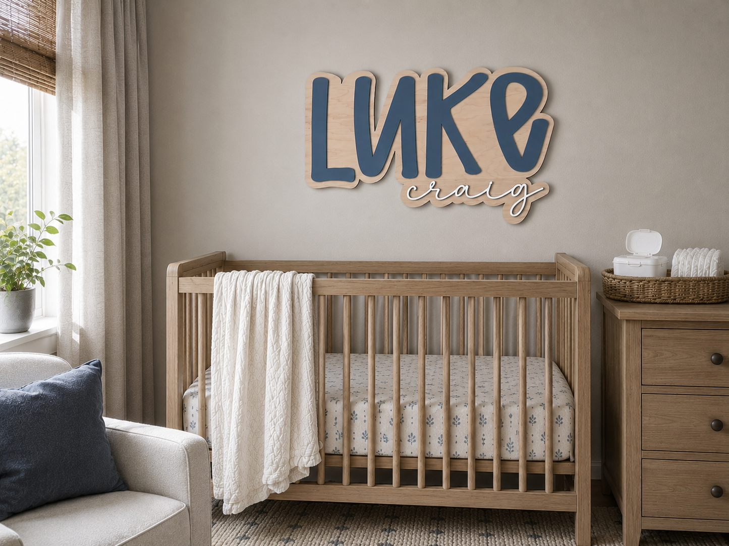 Personalized Wooden Nursery Name Sign – Large Custom Baby Name Wall Decor | Layered & Outlined Kids Room Name Sign