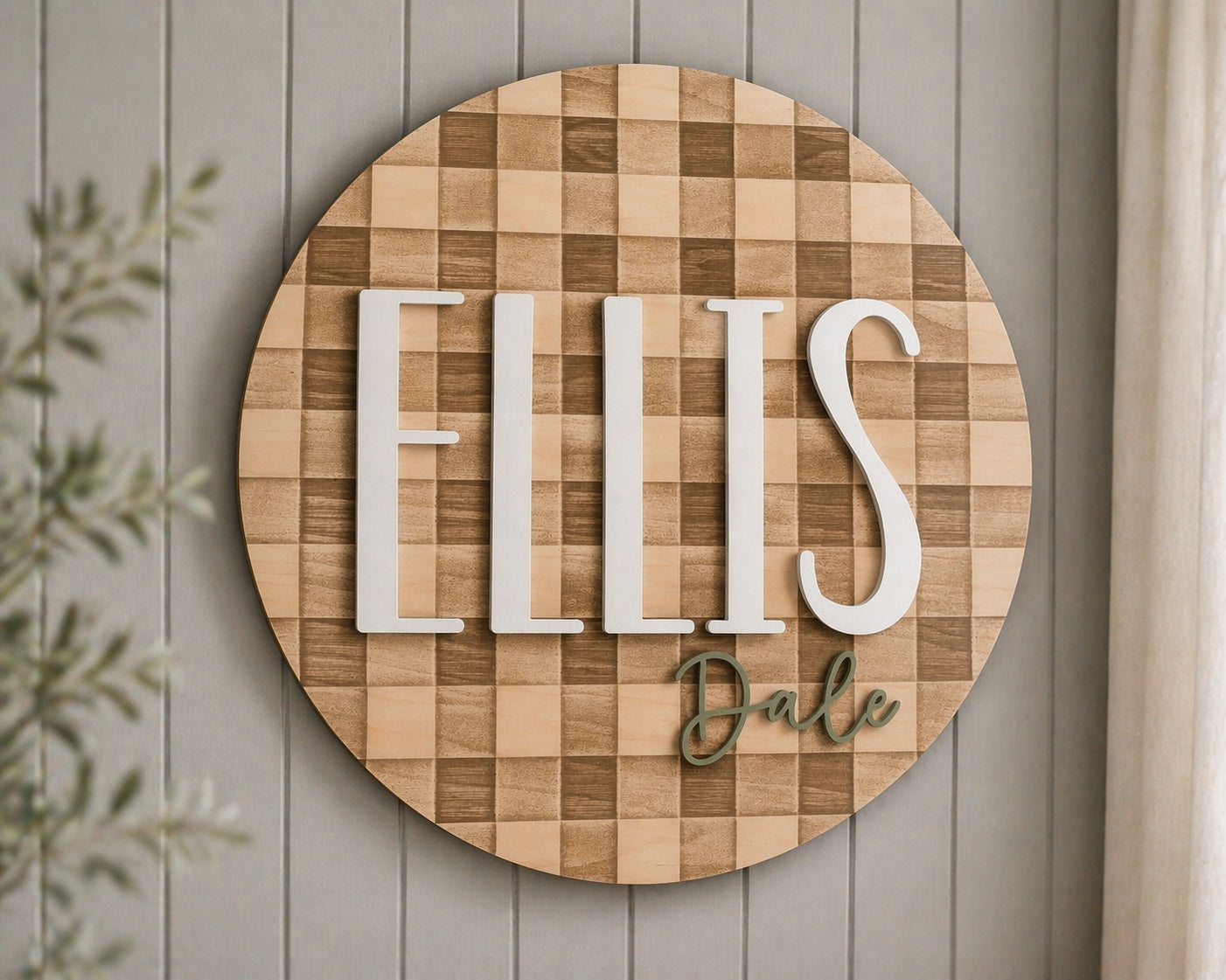 Wooden wall art with the name 'ELLIS Dale' on a Grey wooden panel background