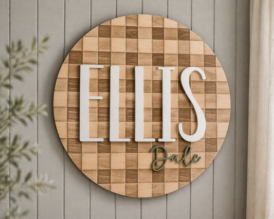 Wooden wall art with the name 'ELLIS Dale' on a Grey wooden panel background