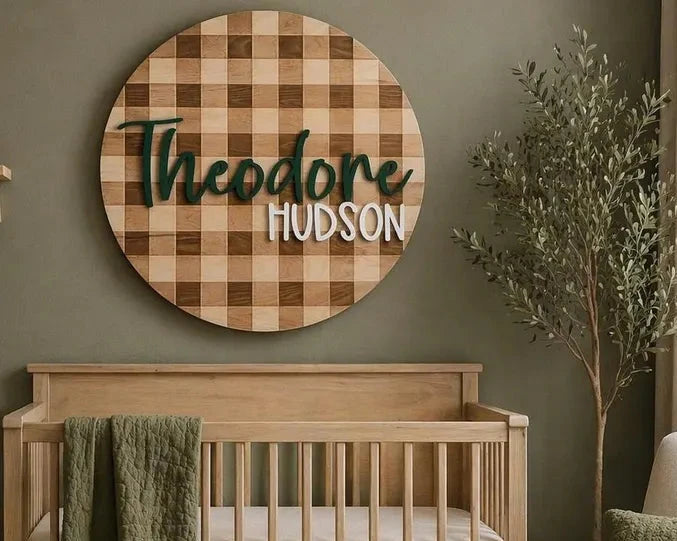 Personalized Gingham Nursery Name Sign | Custom Wooden Baby Name Wall Decor