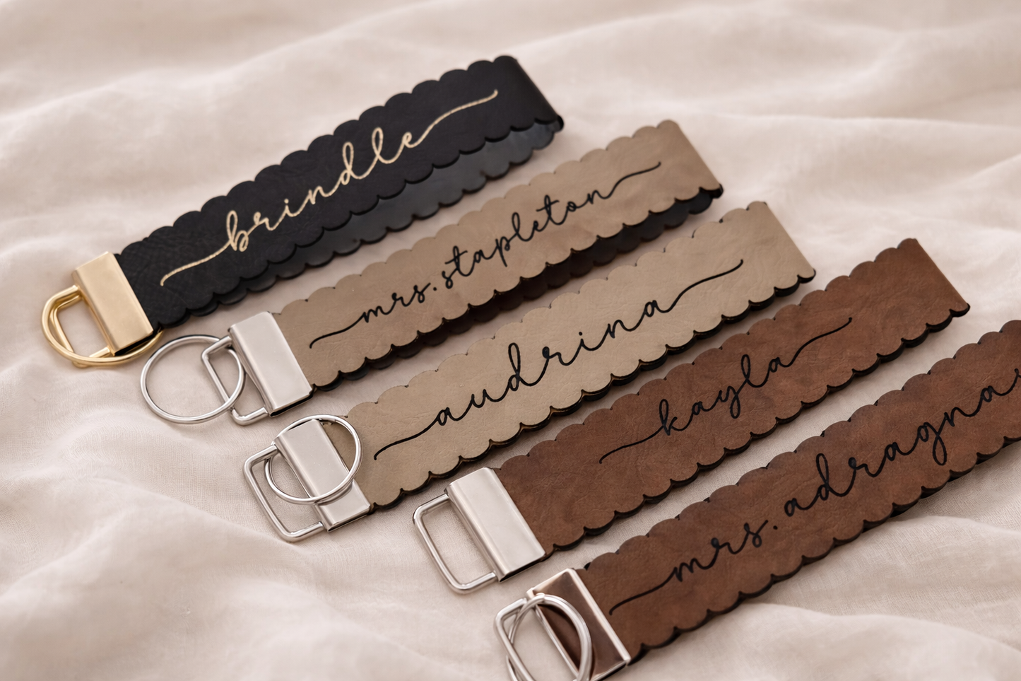 Faux Leather Key Fob Wristlet Scalloped Edge Faux Leather Personalized Wrist Strap Keychain Key Ring Holder