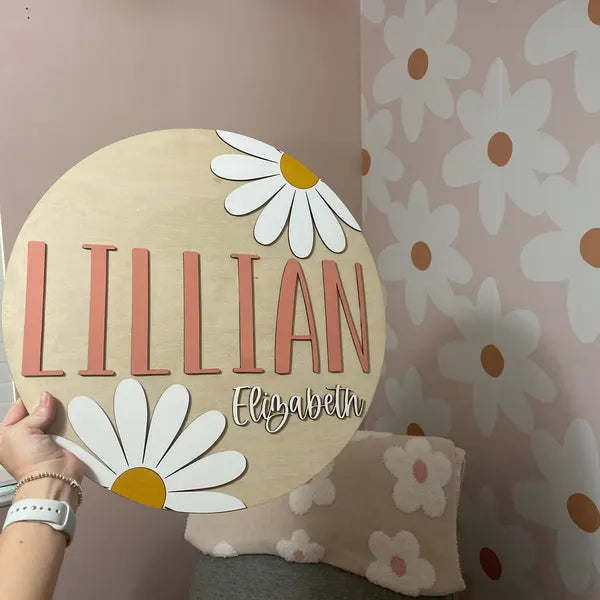 Daisy Nursery Name Sign Daisy Wall Sign Retro Floral Nursery Decor Circle Layered Boho Name Sign